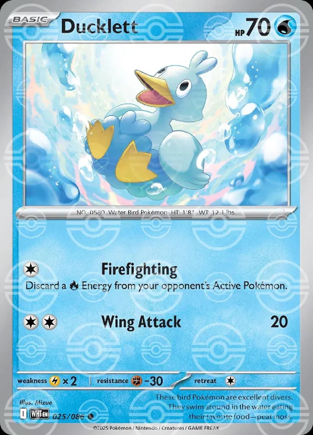 Ducklett - English - White Flare - 025/086 - Poke Ball Foil - NM